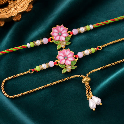 Lotus Floral Beaded Bhai Bhabhi Lumba Rakhi with Pearl Drop Pair