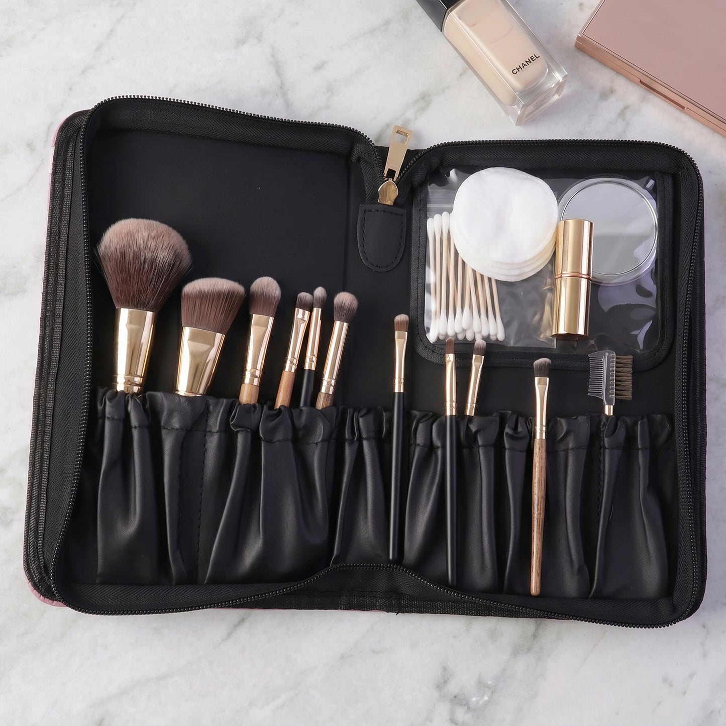 Compact storage pouch for makeup essentials