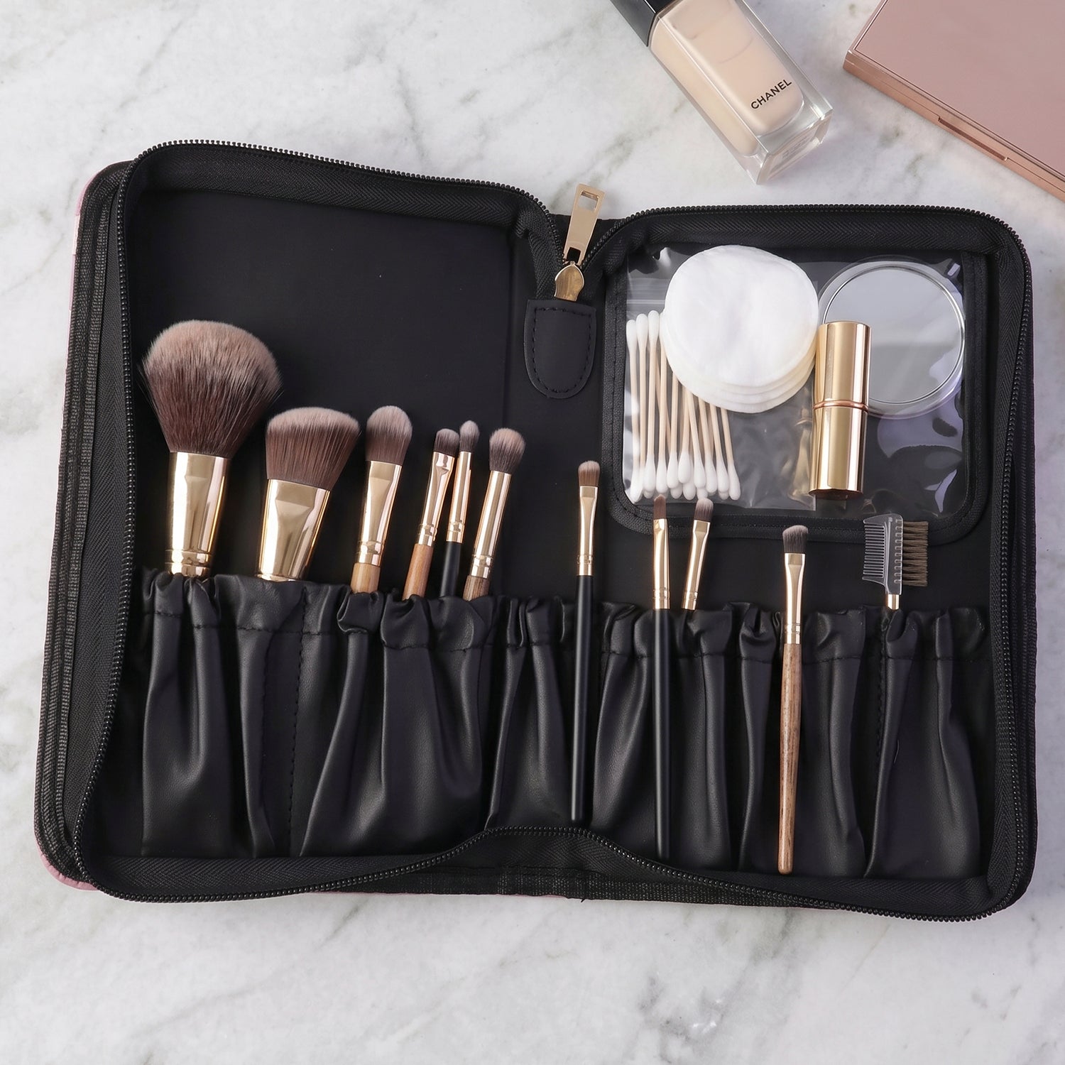 Compact storage pouch for makeup essentials