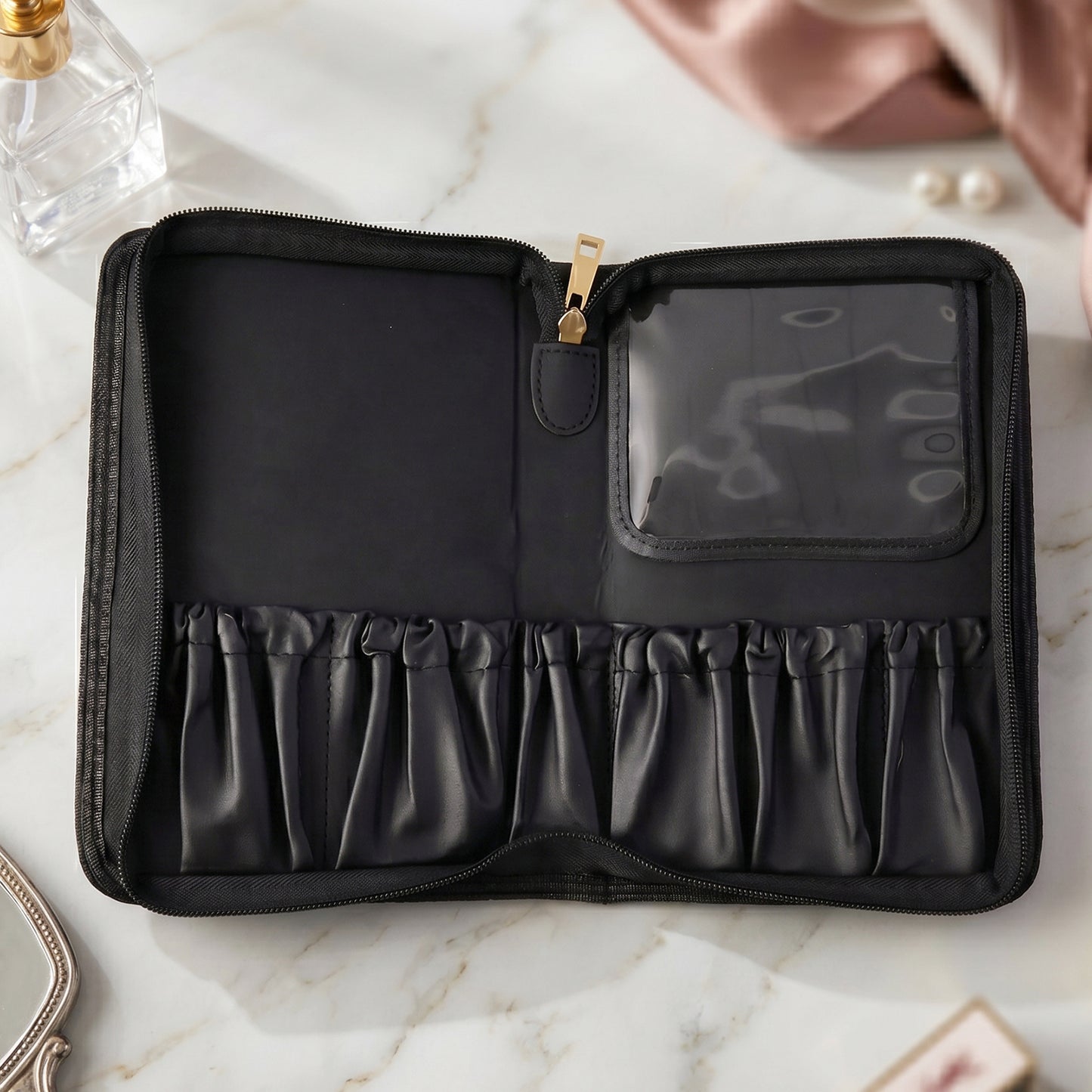 Makeup organizer bag with elegant floral pattern
