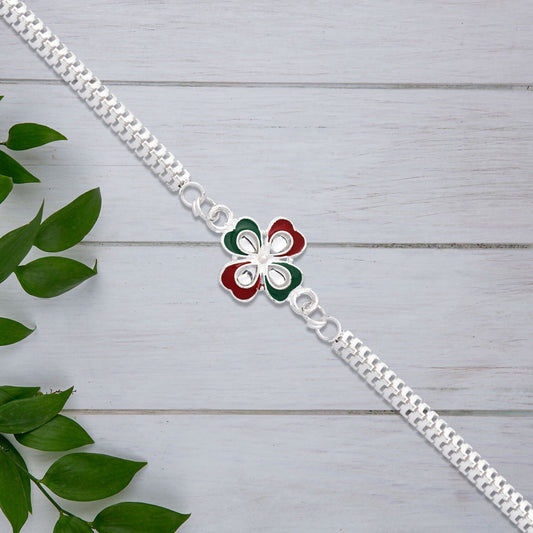 Elegant floral Rakhi with tricolor enamel and silver-tone metal chain