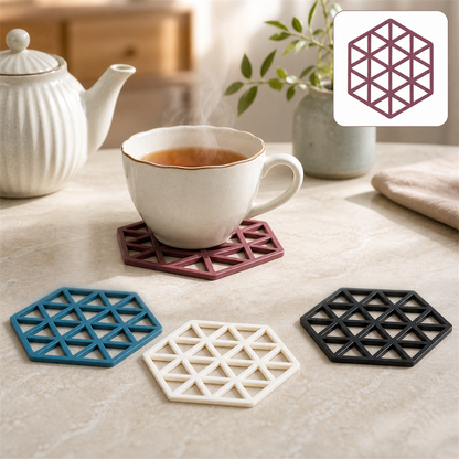 A steaming cup of tea on a maroon coaster, with blue, white, and black coasters nearby on a light table.