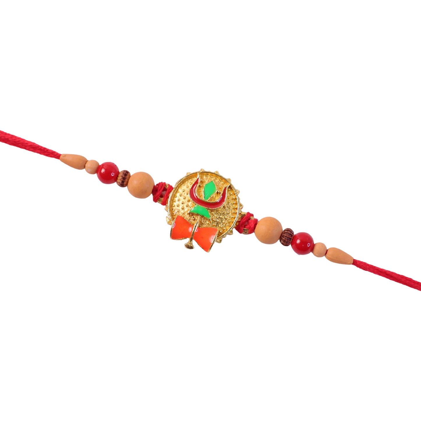 Trishul Damru Rakhi with Peach Beads and Red Thread