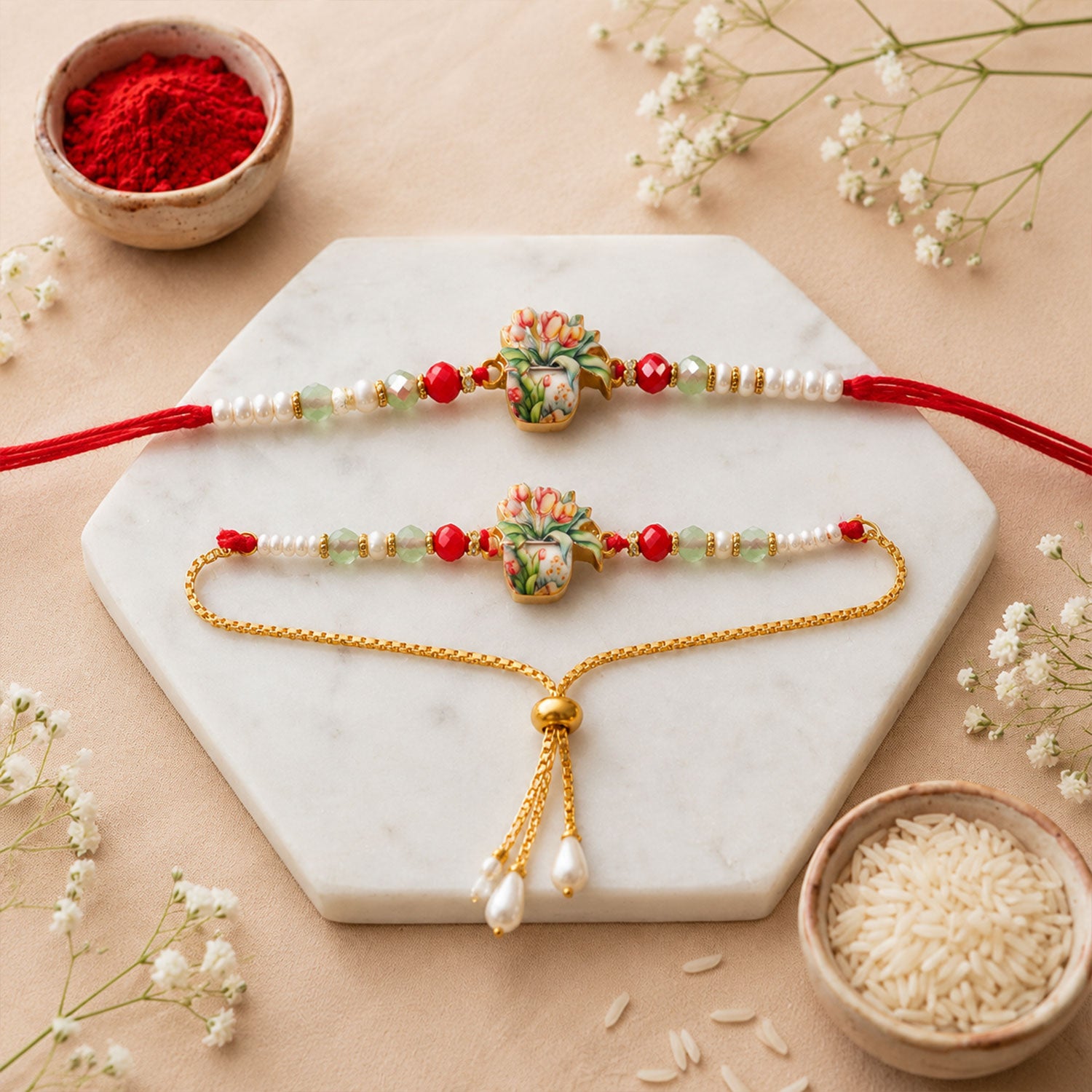 Designer Floral Bhaiya Bhabhi Rakhi Set with Pearl Beads and Lumba Bracelet