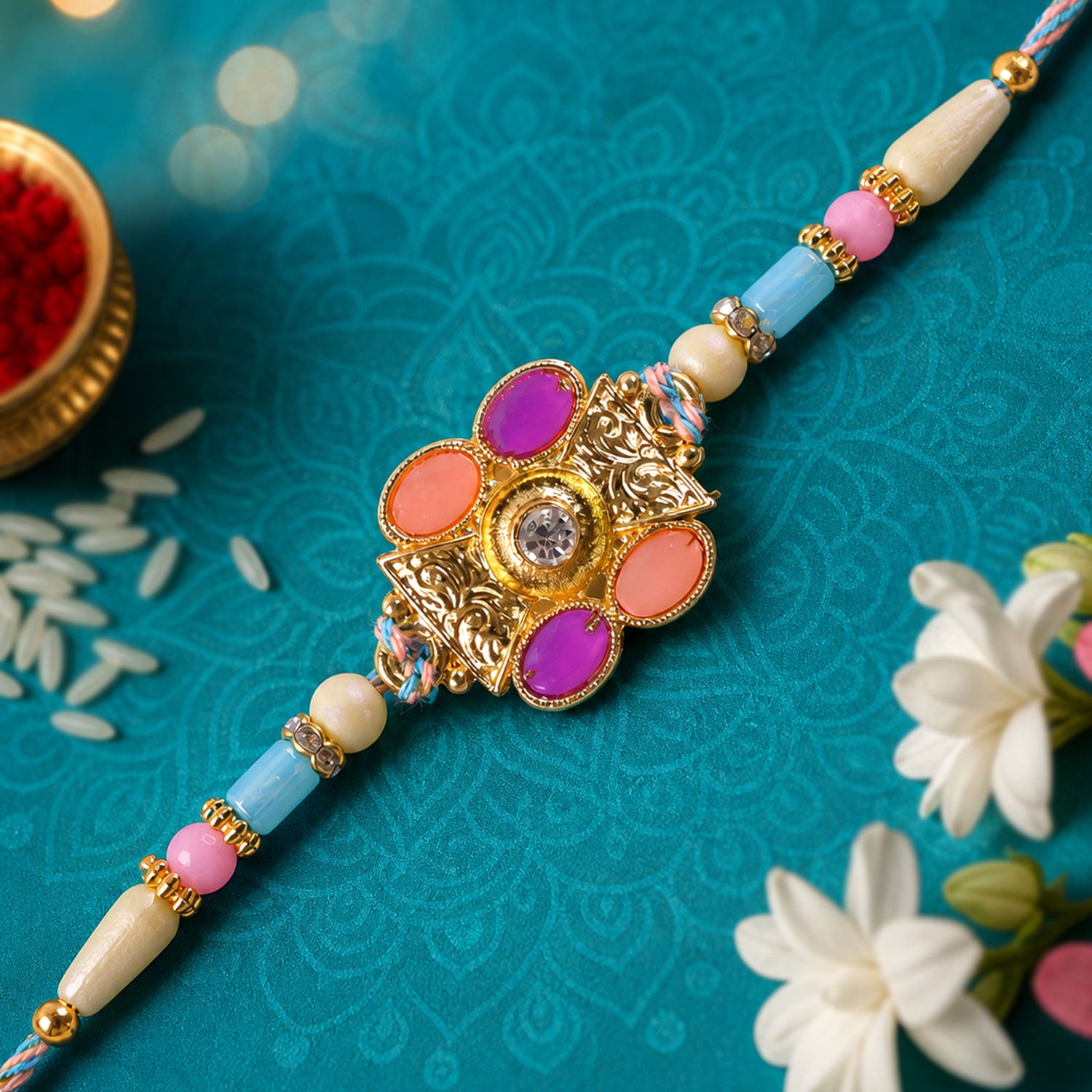 Premium Rakhi with Multicolor Floral Medallion, bead line and chain look for Gift Use