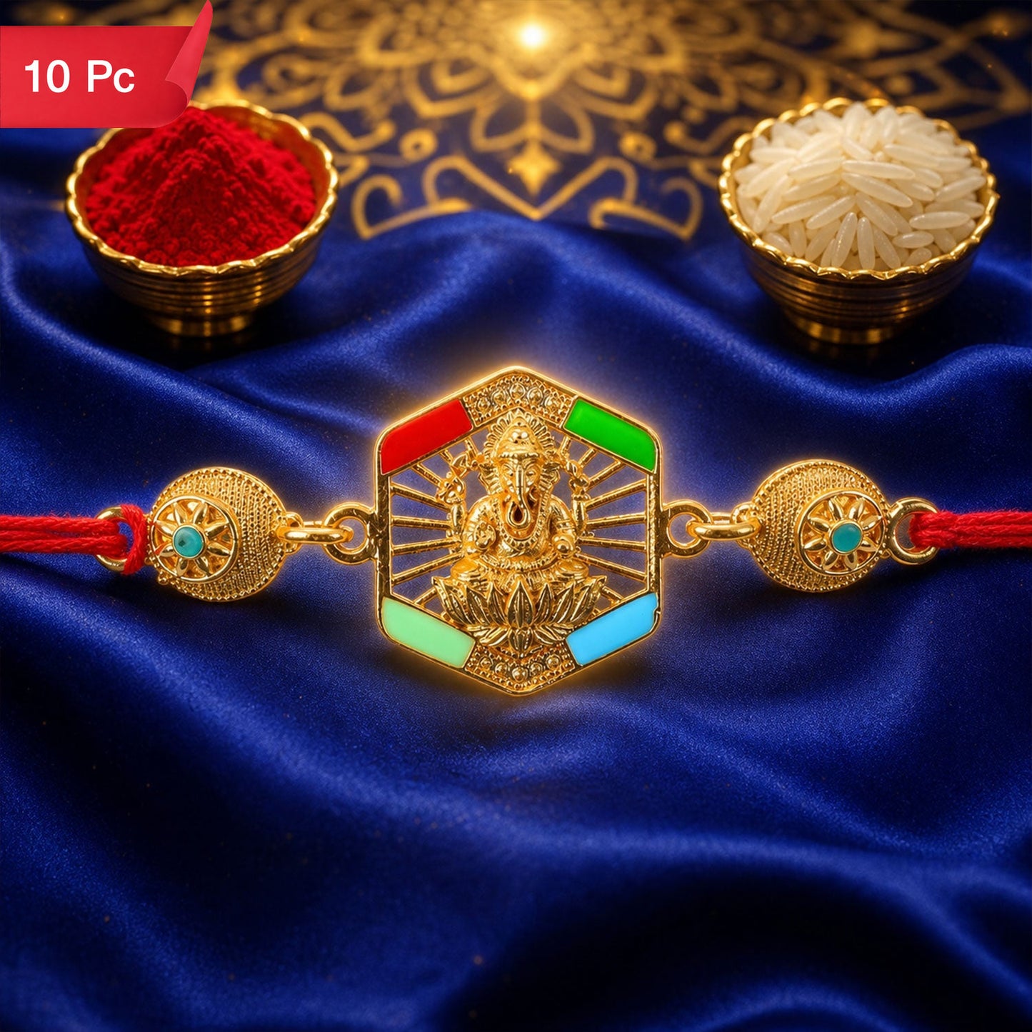 Gold-Toned Lord Ganesha Rakhi with Colorful Enamel for Raksha Bandhan (10pcs)