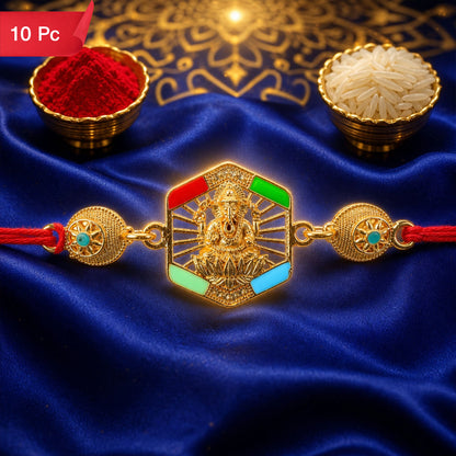 Gold-Toned Lord Ganesha Rakhi with Colorful Enamel for Raksha Bandhan (10pcs)