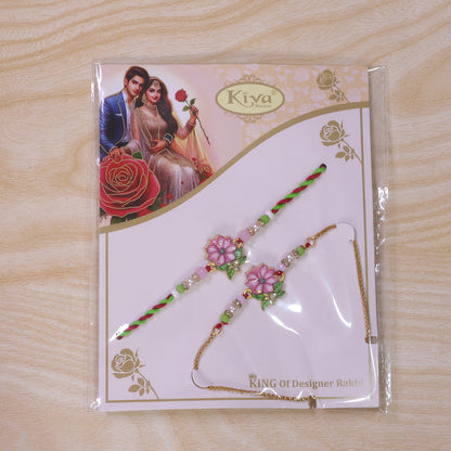 Lotus Floral Beaded Bhai Bhabhi Lumba Rakhi with Pearl Drop Pair