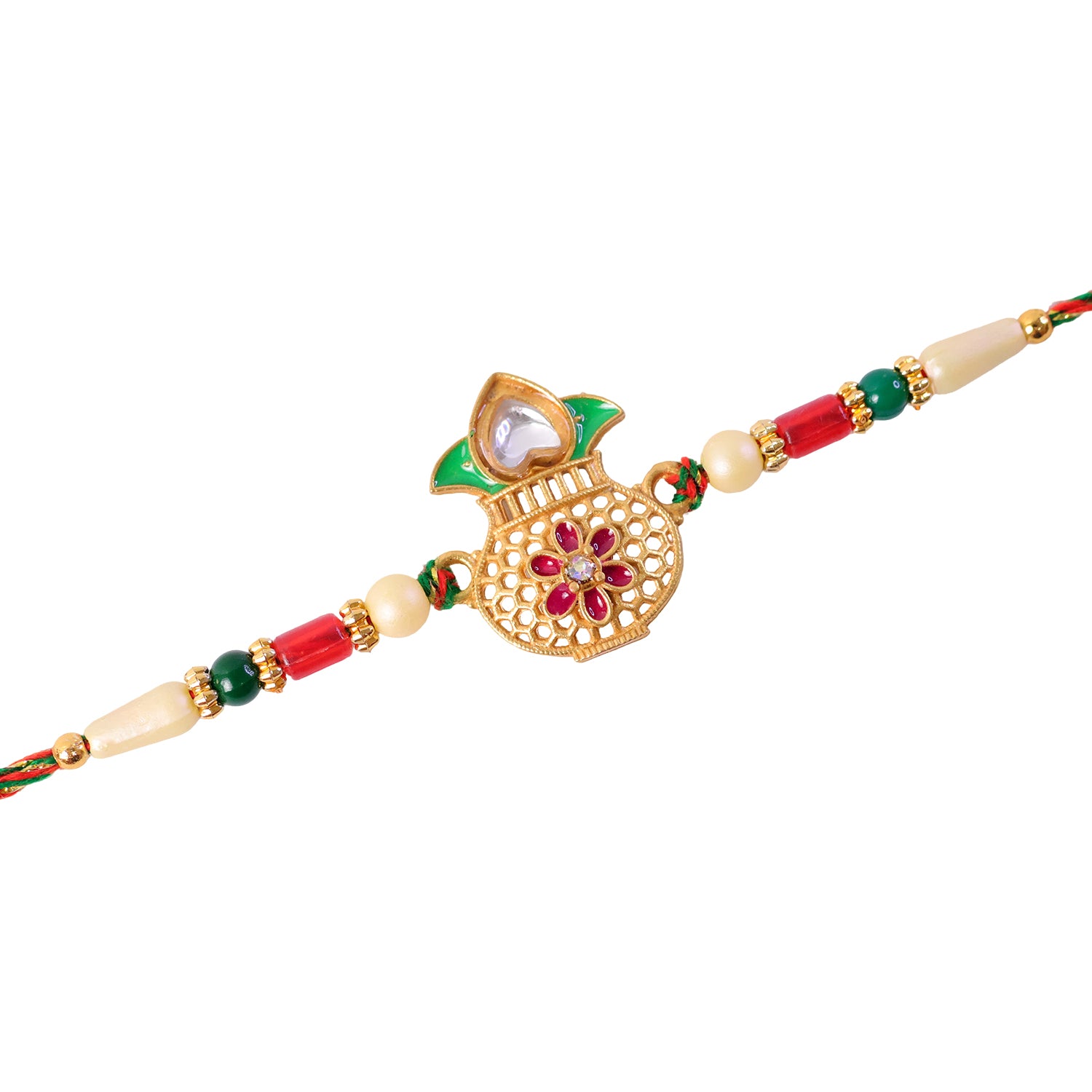 Classic Rakhi featuring Kalash Charm and red stone accents in chain look for Gift Use