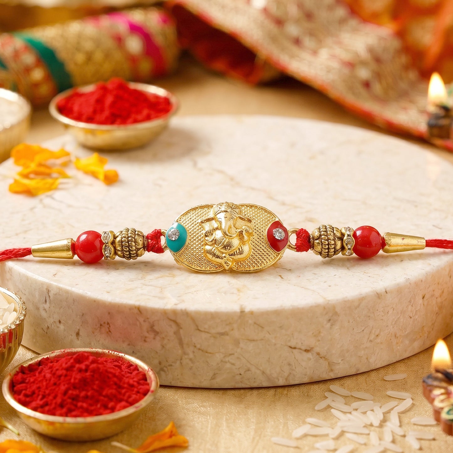 Golden Ganesh Rakhi for Boys with Red and Green Beads