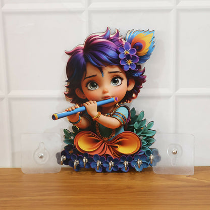 Wooden key stand featuring flute-playing Krishna illustration