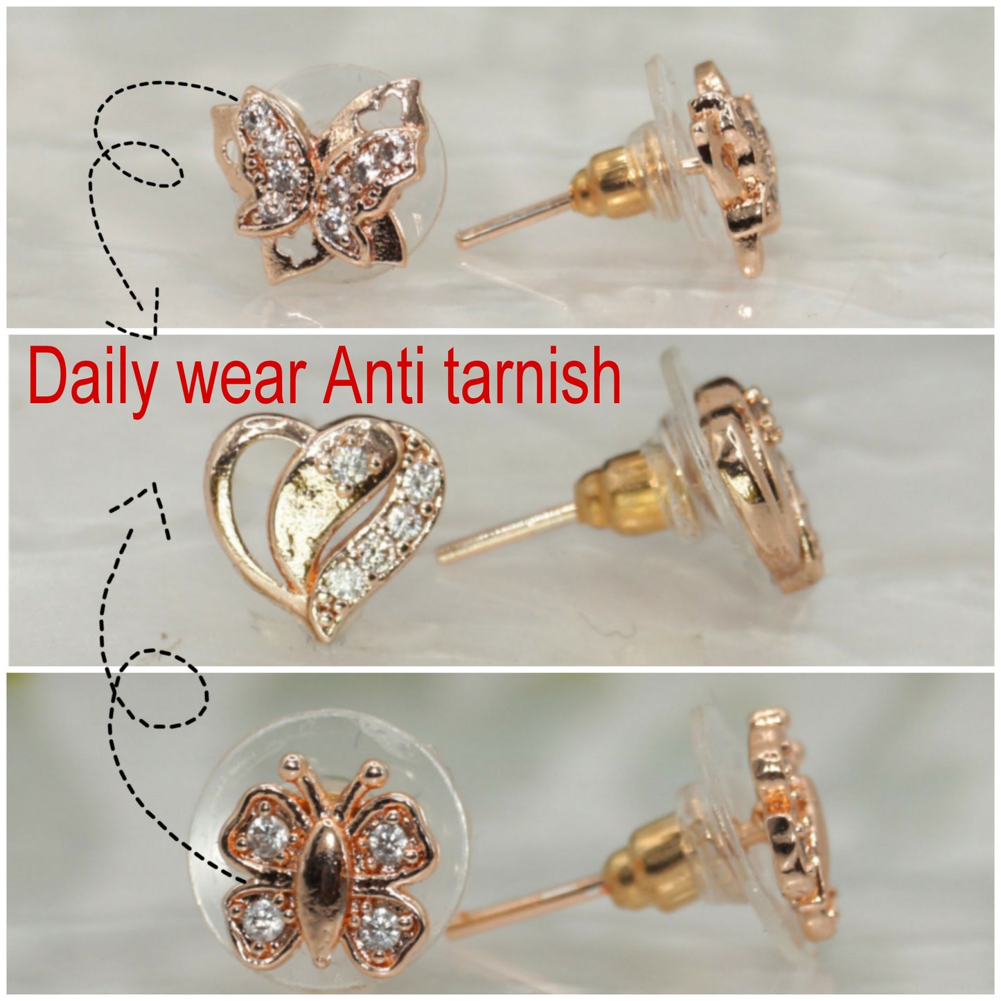 Rose Gold Plated AD Butterfly & Heart Stud Earrings Set for women and girls Combo Pack of 3