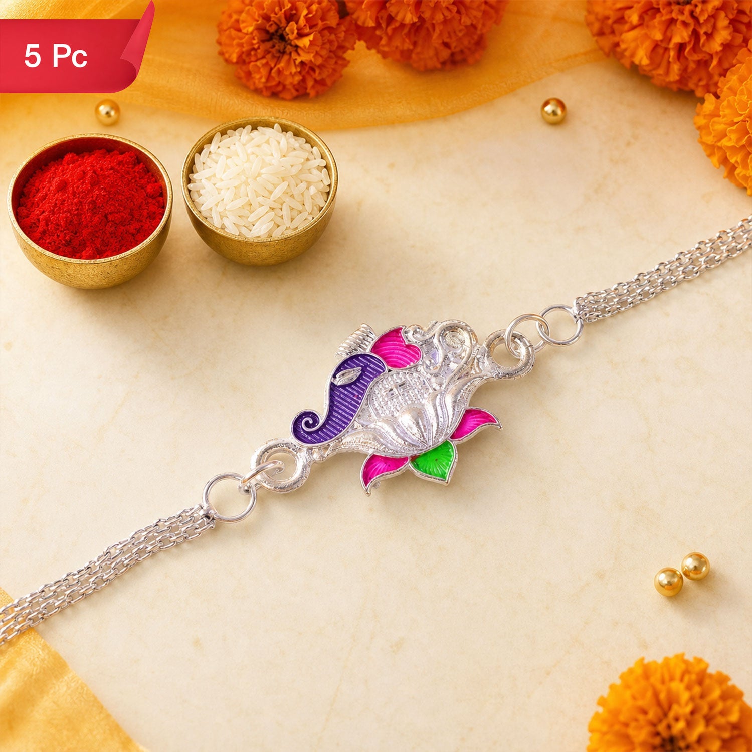 Lotus Kalgi Meenakari Silver Chain Rakhi for Brother (5pcs)