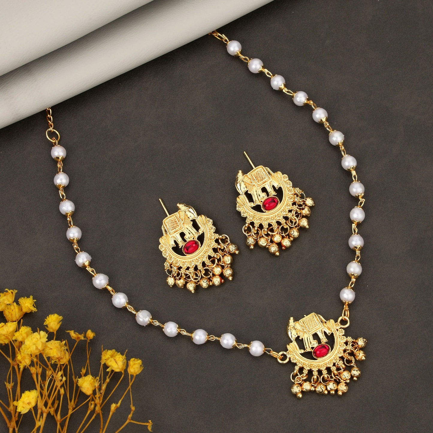 Traditional Pearl Chain Elephant Charm Necklace Set