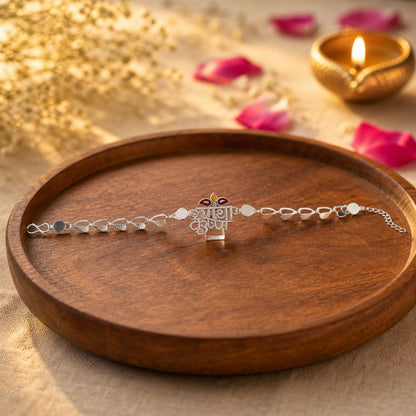 Radha Krishna Silver Motif Enamel Petal Chain Rakhi