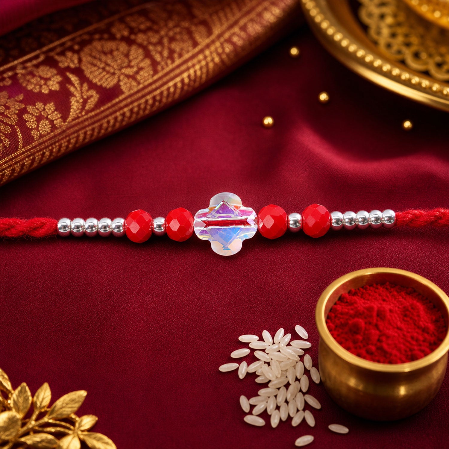 Red Thread Rakhi with Red Beads and an Iridescent Quatrefoil Crystal