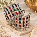 Oxidised Silver Navratna Baloya Bangle Pair with Multicolor Stones & Ghungroo Cuff