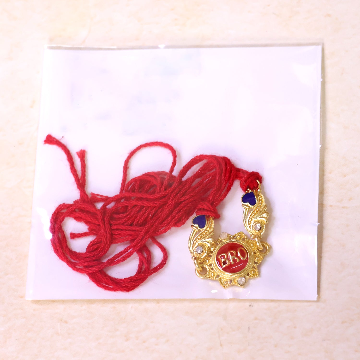 Designer Rakhi with BRO Text Plaque, clean frame and display look for Gift Styling