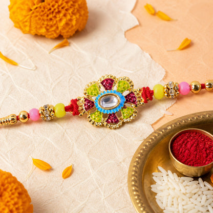 Premium Rakhi with Ornate Floral Medallion and bead line in chain look for Gift Use