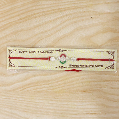 Silver Green Floral Rakhi with Red Thread and White Side Charms