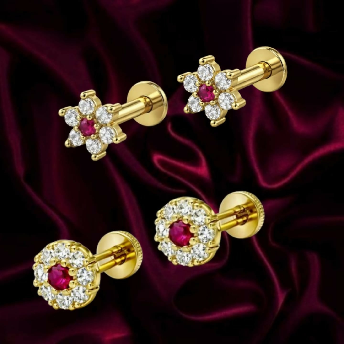 Gold plated Ruby flower stud earring with sparkling diamond crystals in floral design
