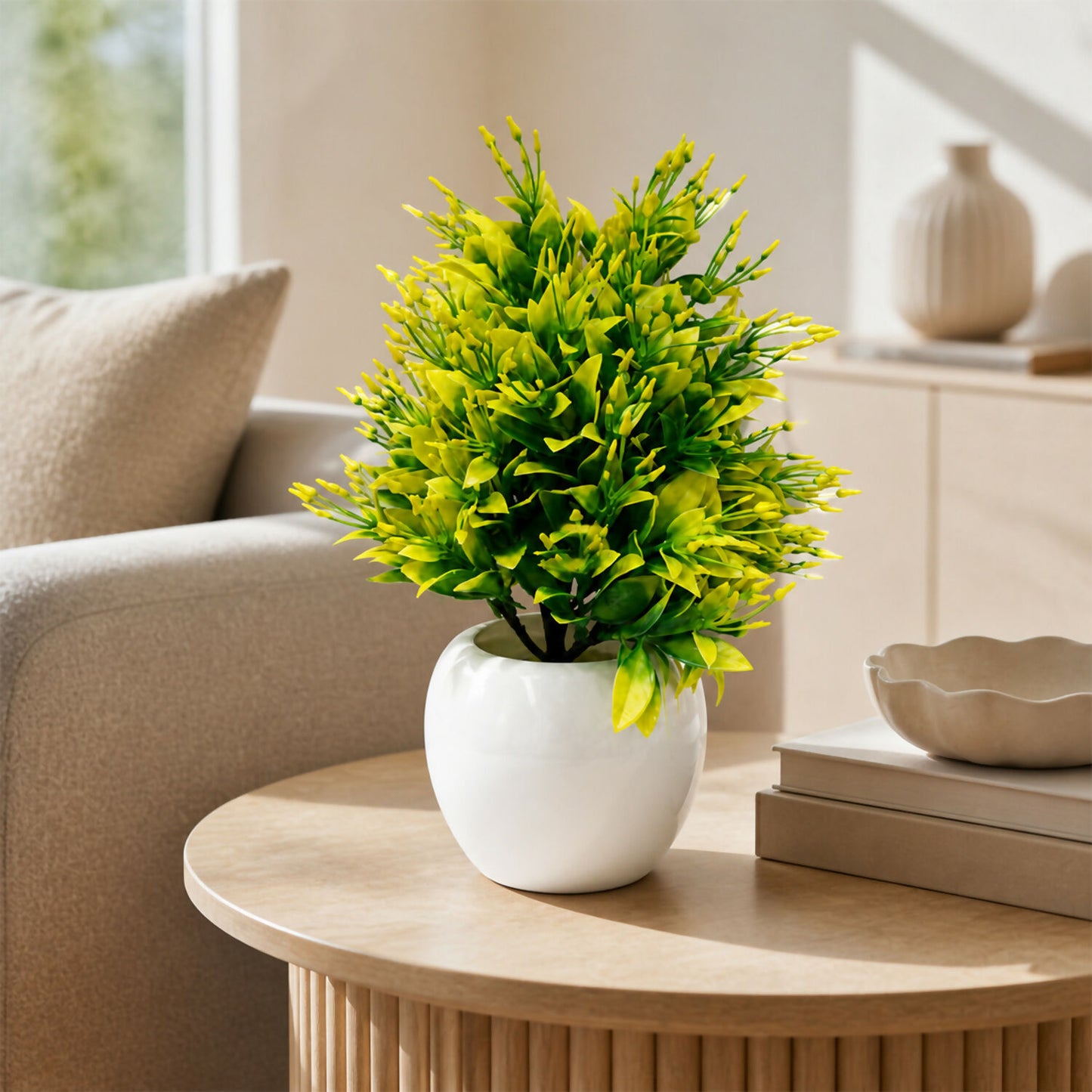 Artificial Yellow Green Bonsai Tree Plant in White Ceramic Pot Home Office Décor