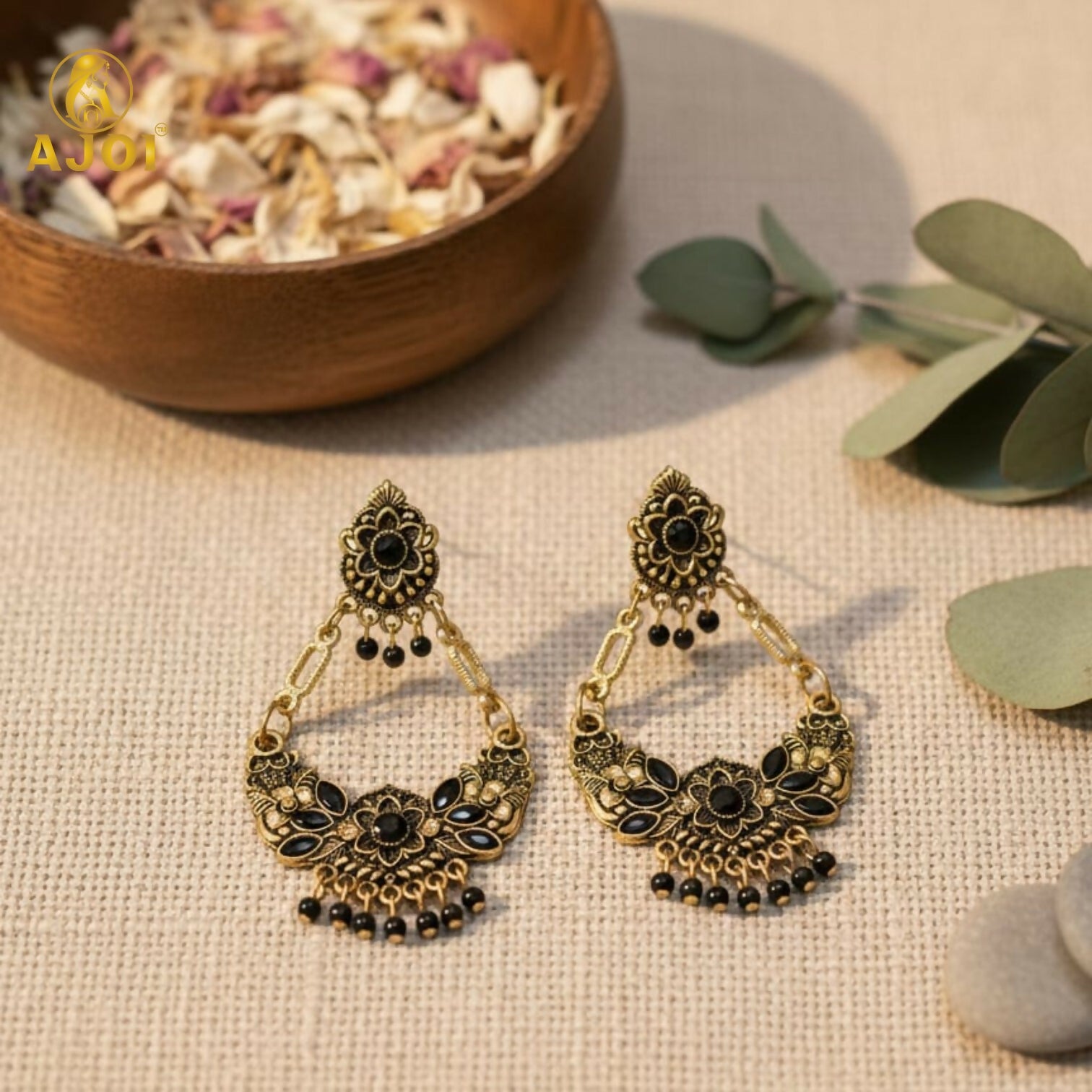 Antique Gold-Plated Black Stone Floral Chandbali Earrings for Women
