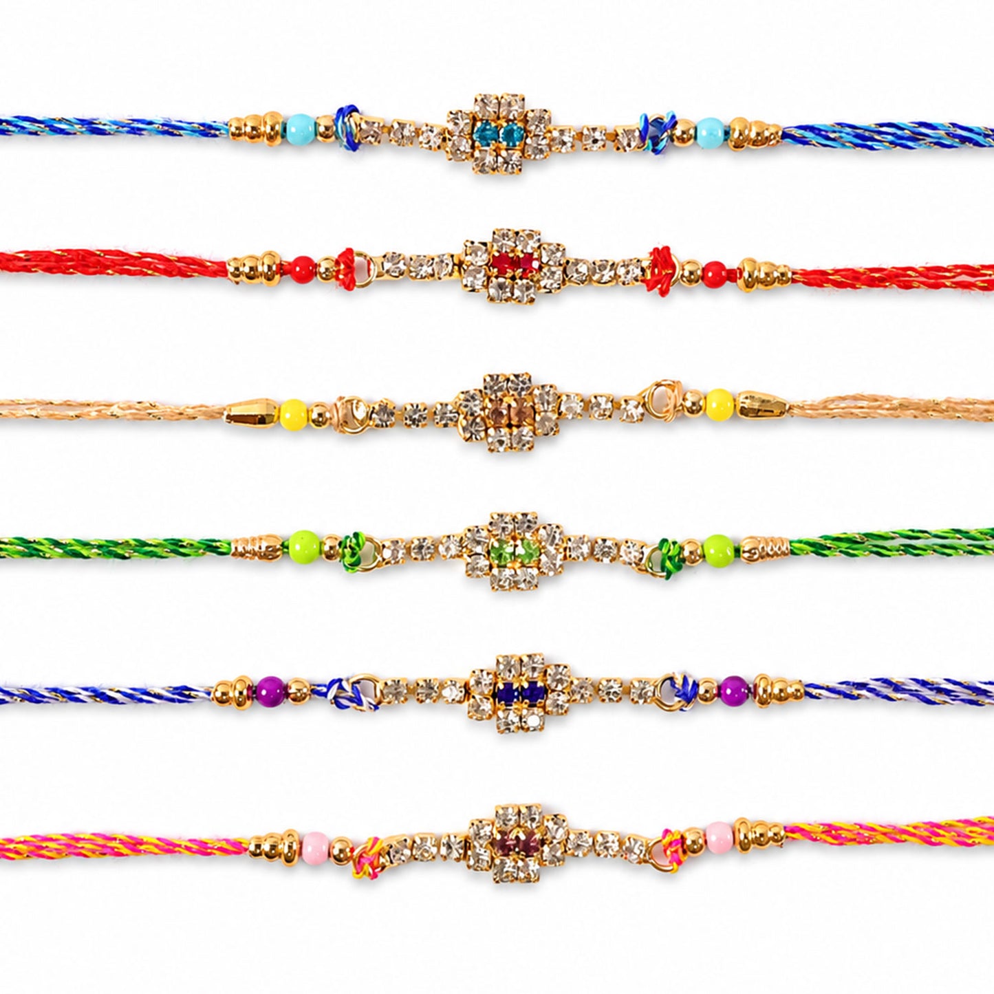 Square Motif Rakhi with Bright Bead Accents for Brother (Pack of 6)