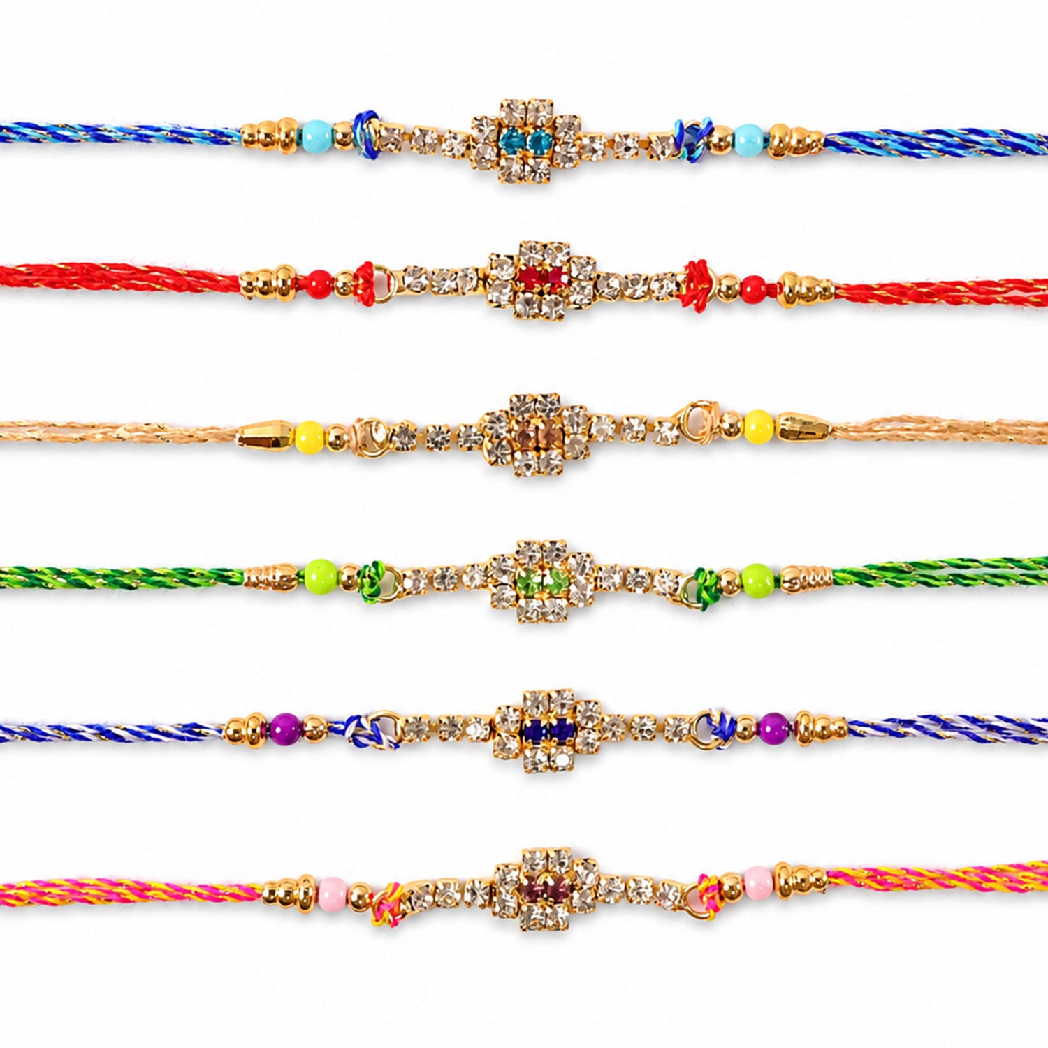 Square Motif Rakhi with Bright Bead Accents for Brother (Pack of 6)