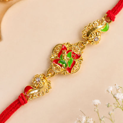 Ornate Rakhi featuring Floral Medallion, multicolor stones and gift style for Gift