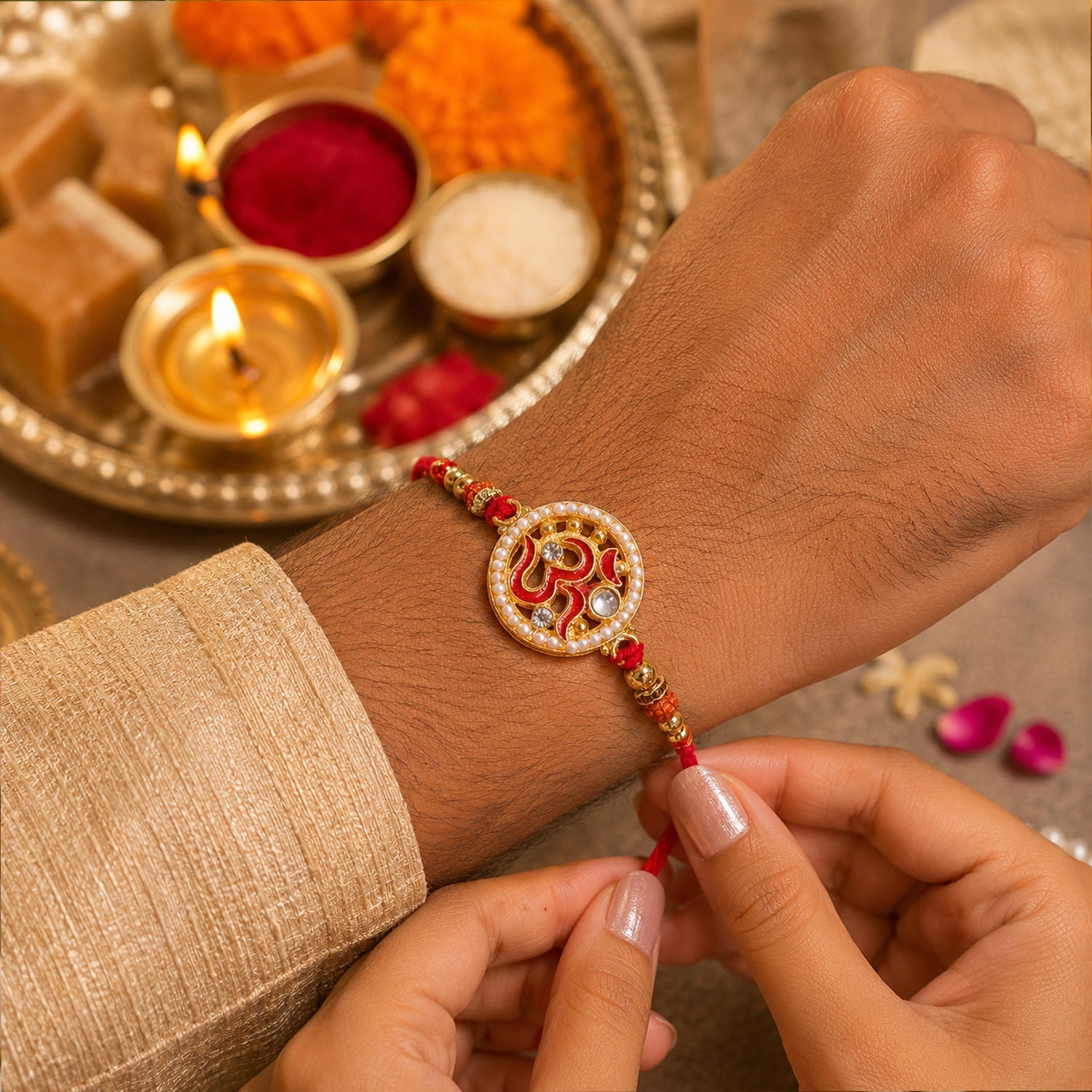 Om Pearl Kundan Beaded Rakhi for Brother (10pcs)
