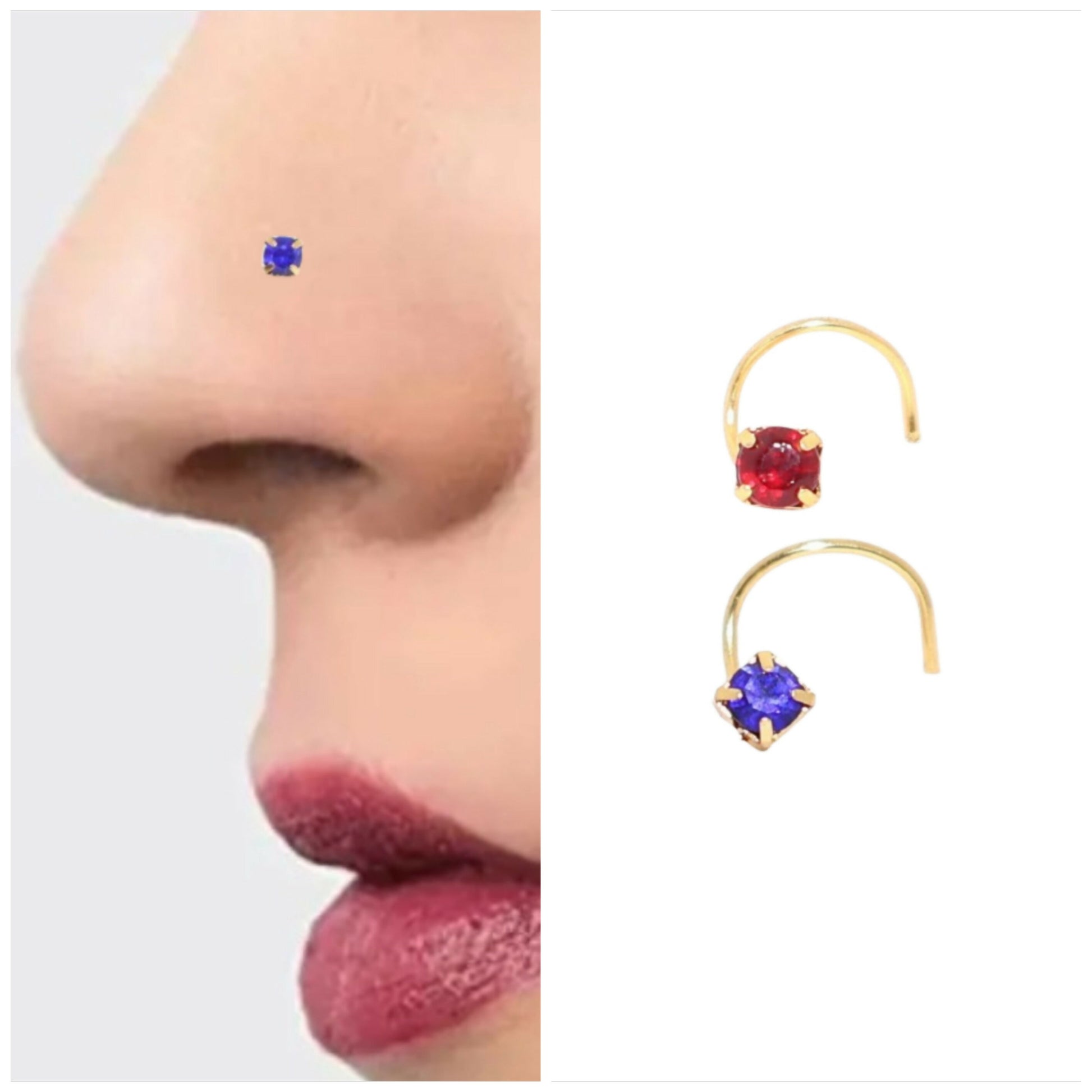 Combo pack of gold plated nose pins featuring deep ocean blue crystals