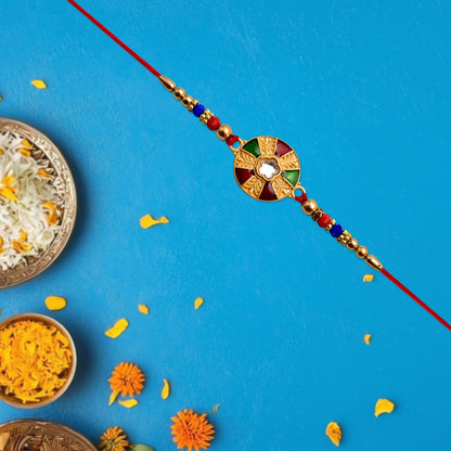 Multicolor Kundan Rakhi Golden Floral Design with Beaded Red Thread (5pcs)