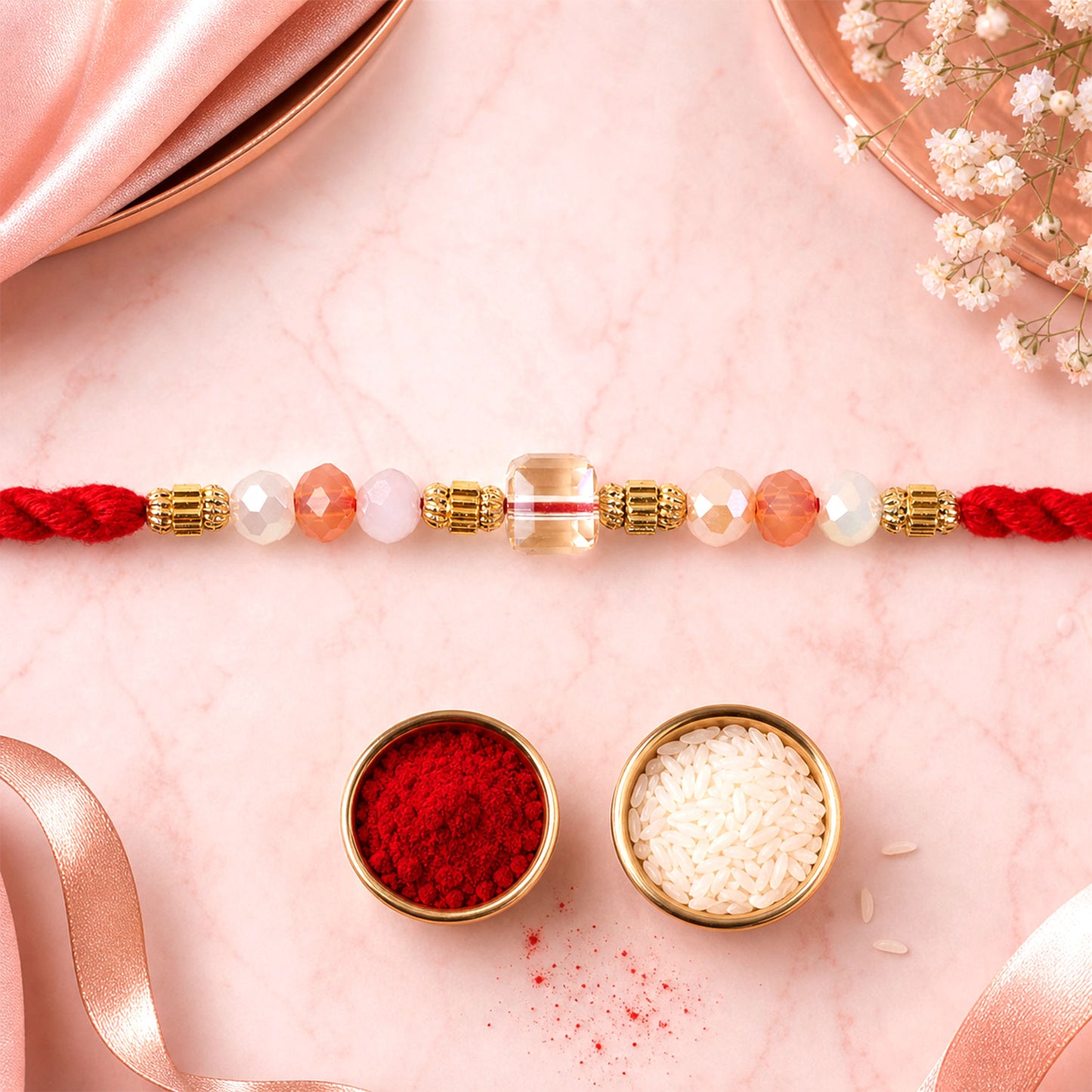 Red Thread Rakhi with Peach and Rose-Toned Crystal Bead Pendant