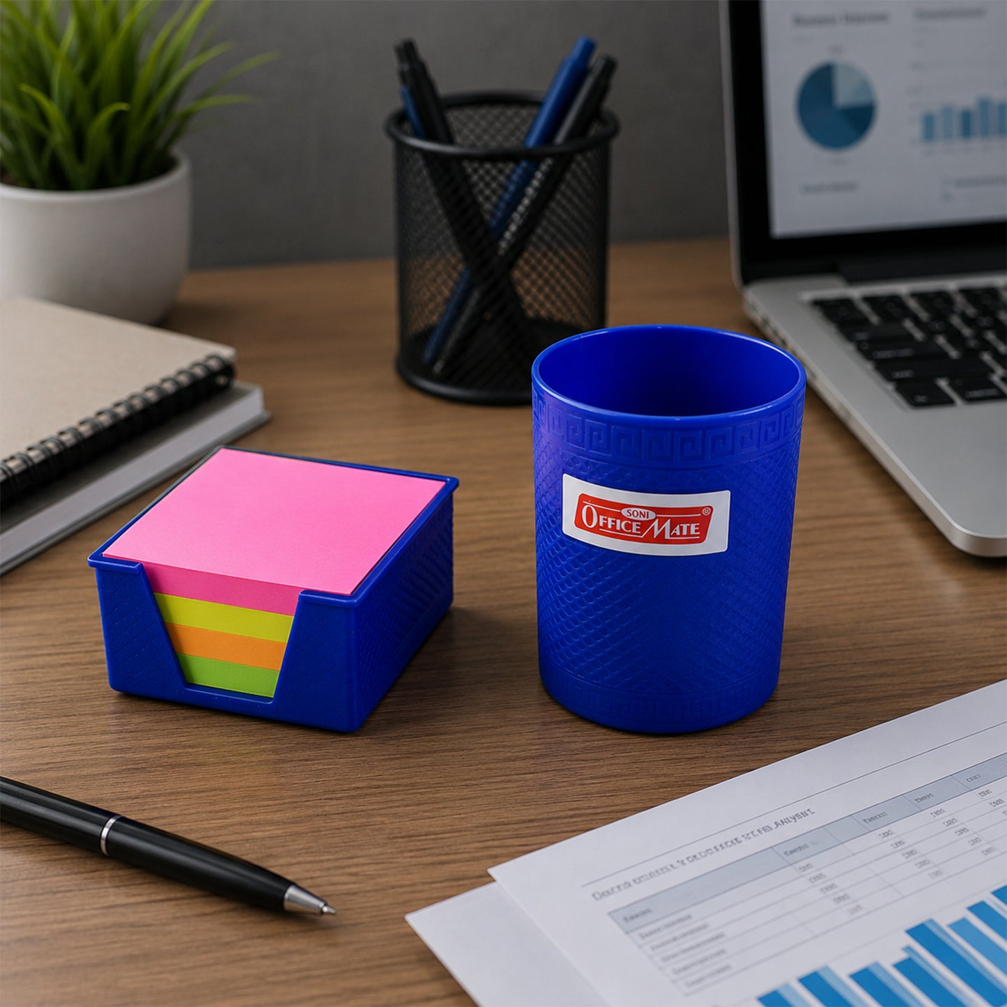2-in-1 Desk Organiser with Pen Holder & Color Sticky Notes for Office and Study