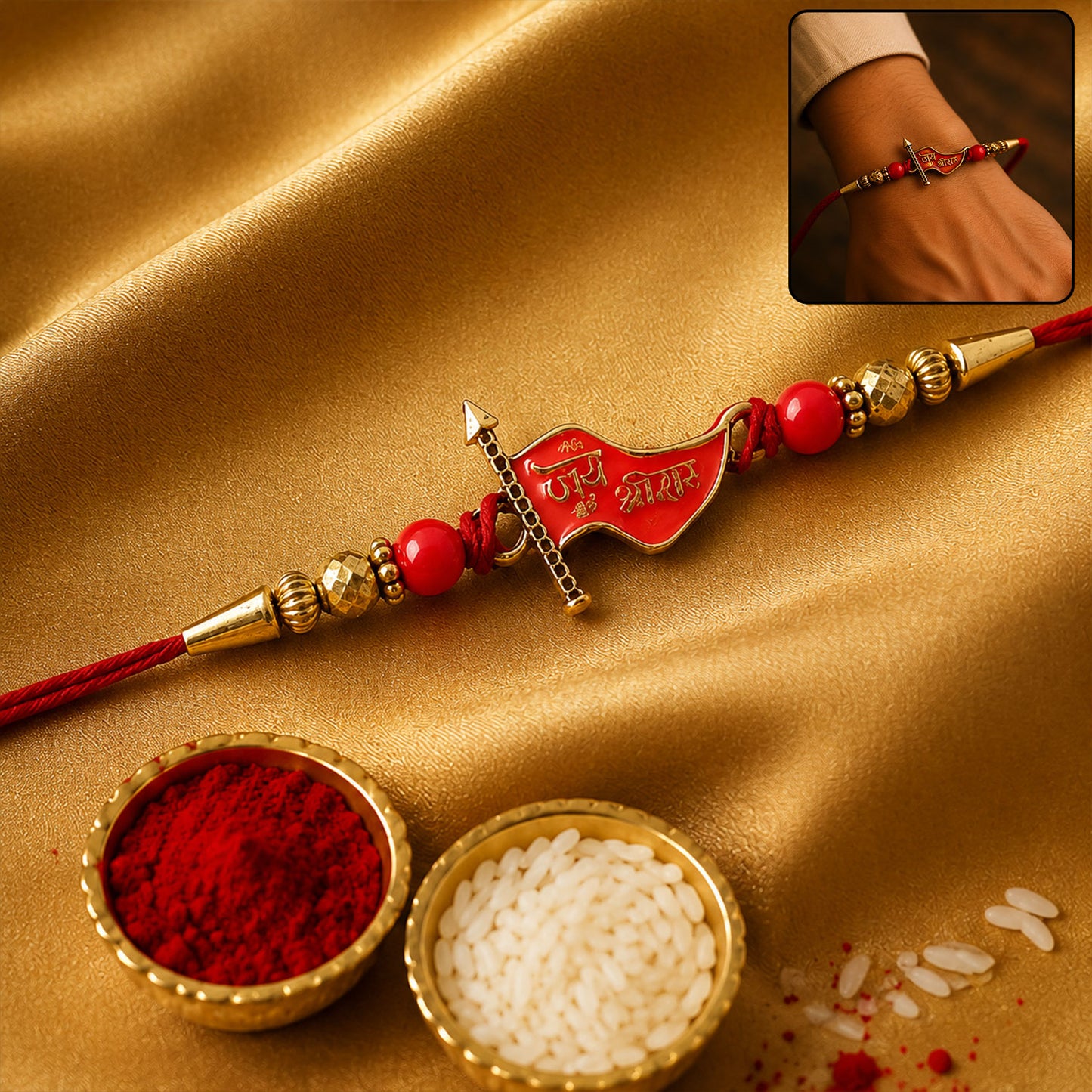 Jay Shree Ram Red Meenakari Flag Rakhi with Gold Beads and Mauli Thread