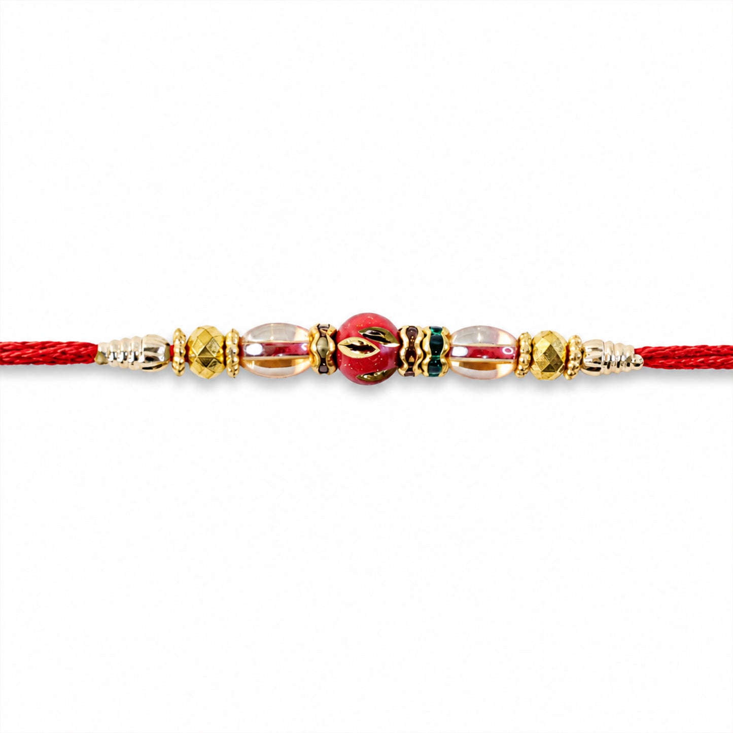 Red Enamel Golden Designer Rakhi with Transparent Beads and Rich Festive Shine