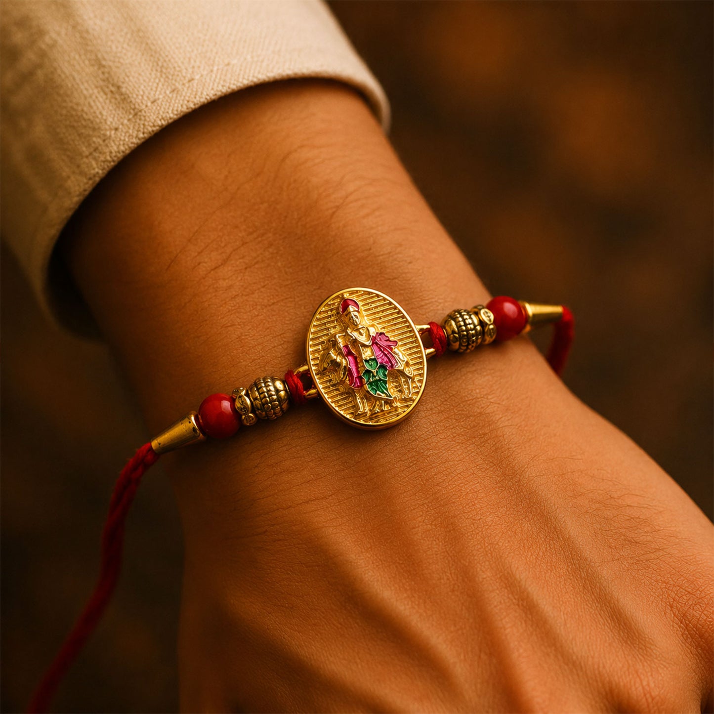 Dwarkadhish Krishna Gold Coin Rakhi with Red Beads