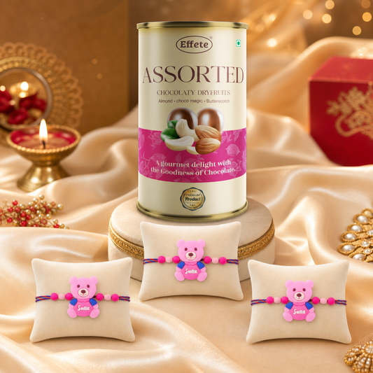 Teddy Bear Rakhi Set with Assorted Dryfruits, Pack of 3