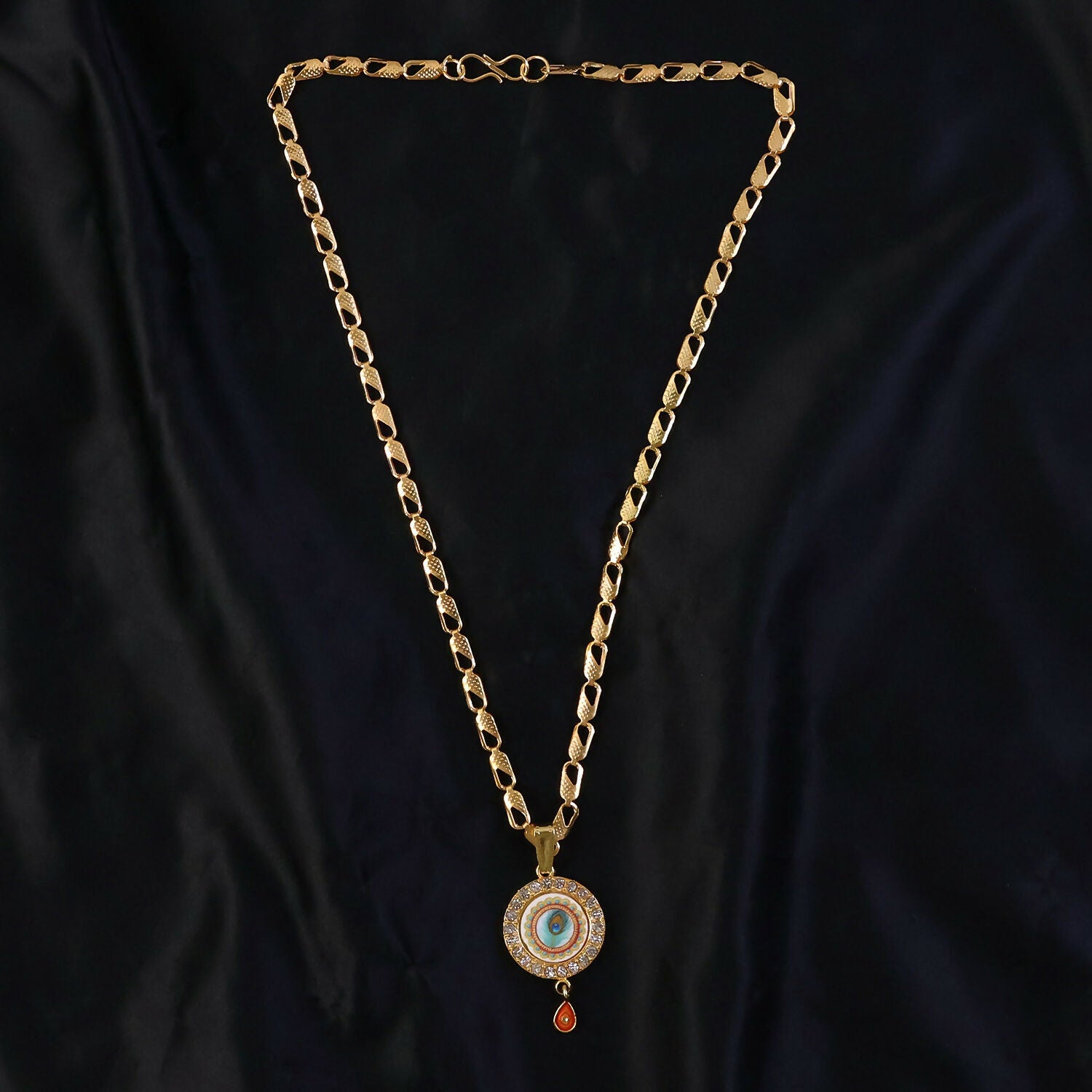 Gold Plated Evil Eye Pendant Necklace with Morpich Crystal Border