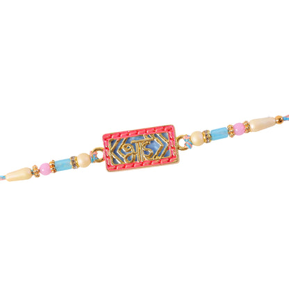 Classic Rakhi showcasing Shubh Plaque, crystal accents and plaque look for Gift Use