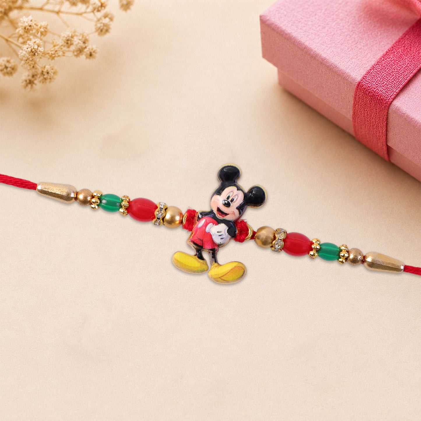 Mickey Mouse Kids Rakhi Pearls Golden Beads Red Thread (10pcs)