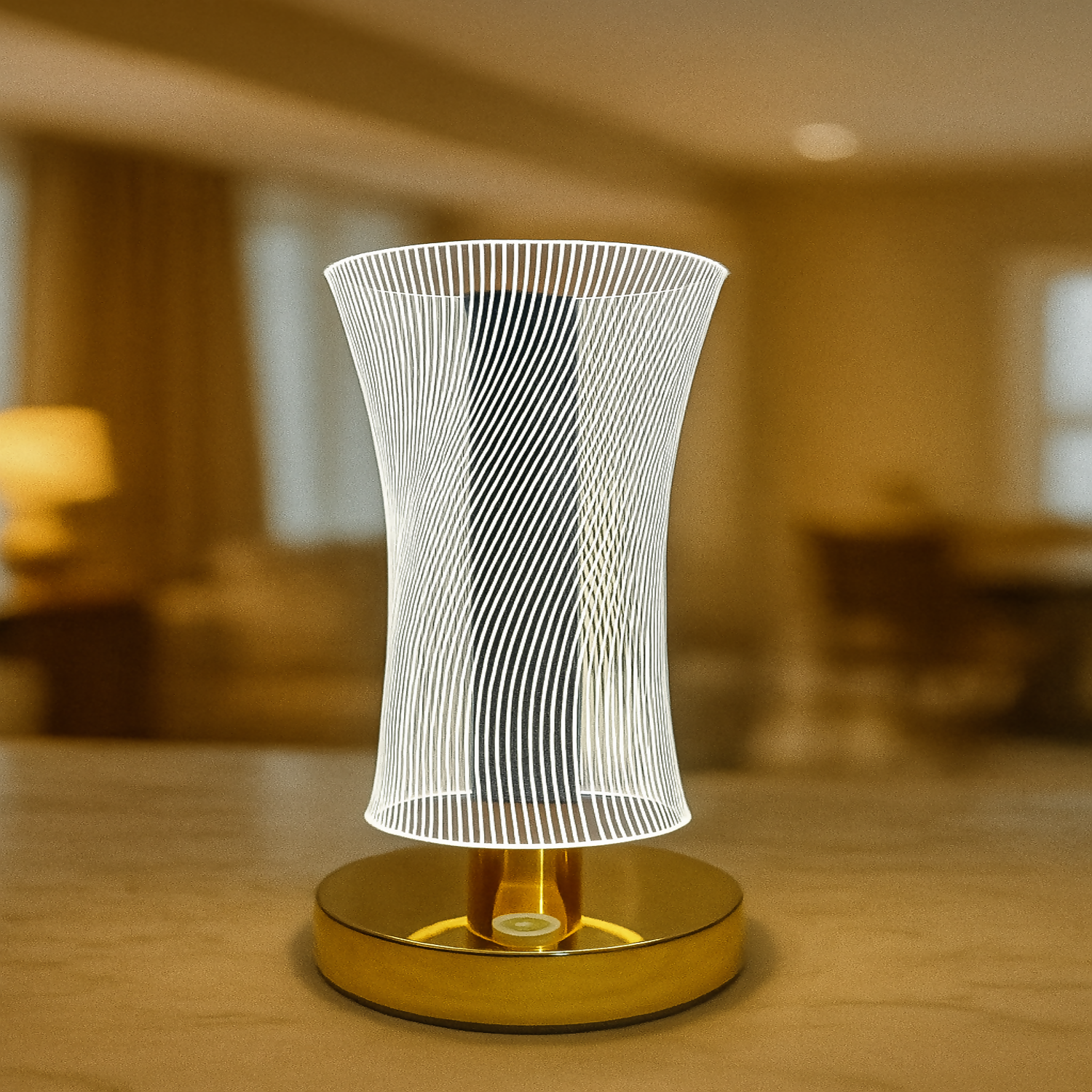 3D Illusion LED Table Lamp for Home Décor – Touch Sensor Golden LED Night Light with Acrylic Optical Panel | Modern Decorative Bedside Lamp for Bedroom, Living Room & Office | USB Rechargeable Ambient Light (Pack of 1)