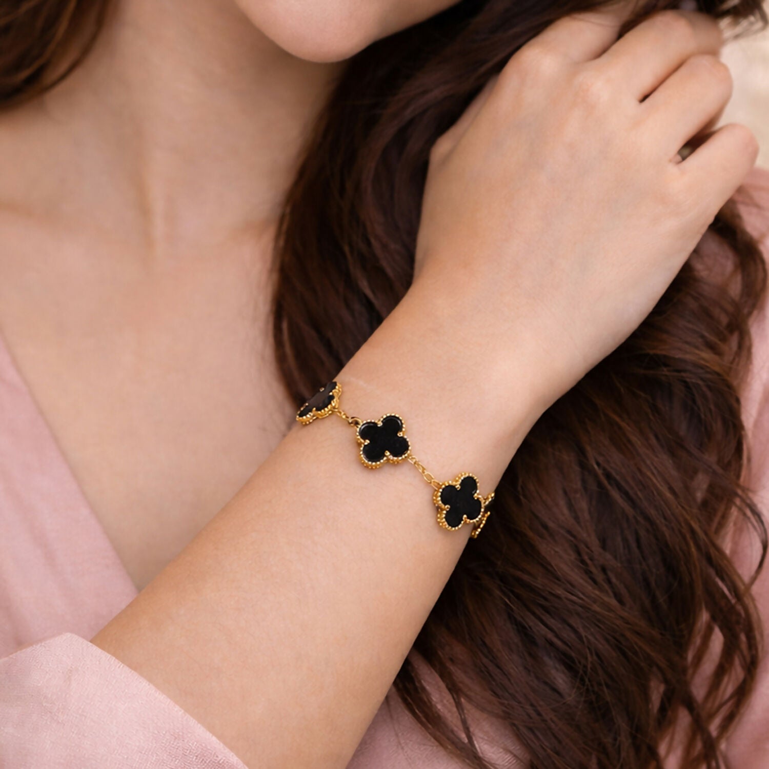 Gold Plated Black Clover Charm Bracelet for Women & Girls – Elegant Designer Chain Bracelet