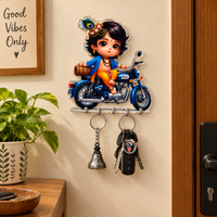 Lord Krishna Motorcycle Key Holder – Decorative Wall Mounted Key Rack with Hooks