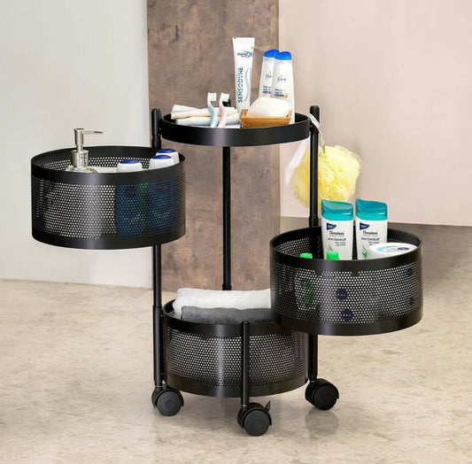 Compact Round 3-Layer Kitchen Trolley with Ventilated Mesh Baskets & 360° Swivel Wheels