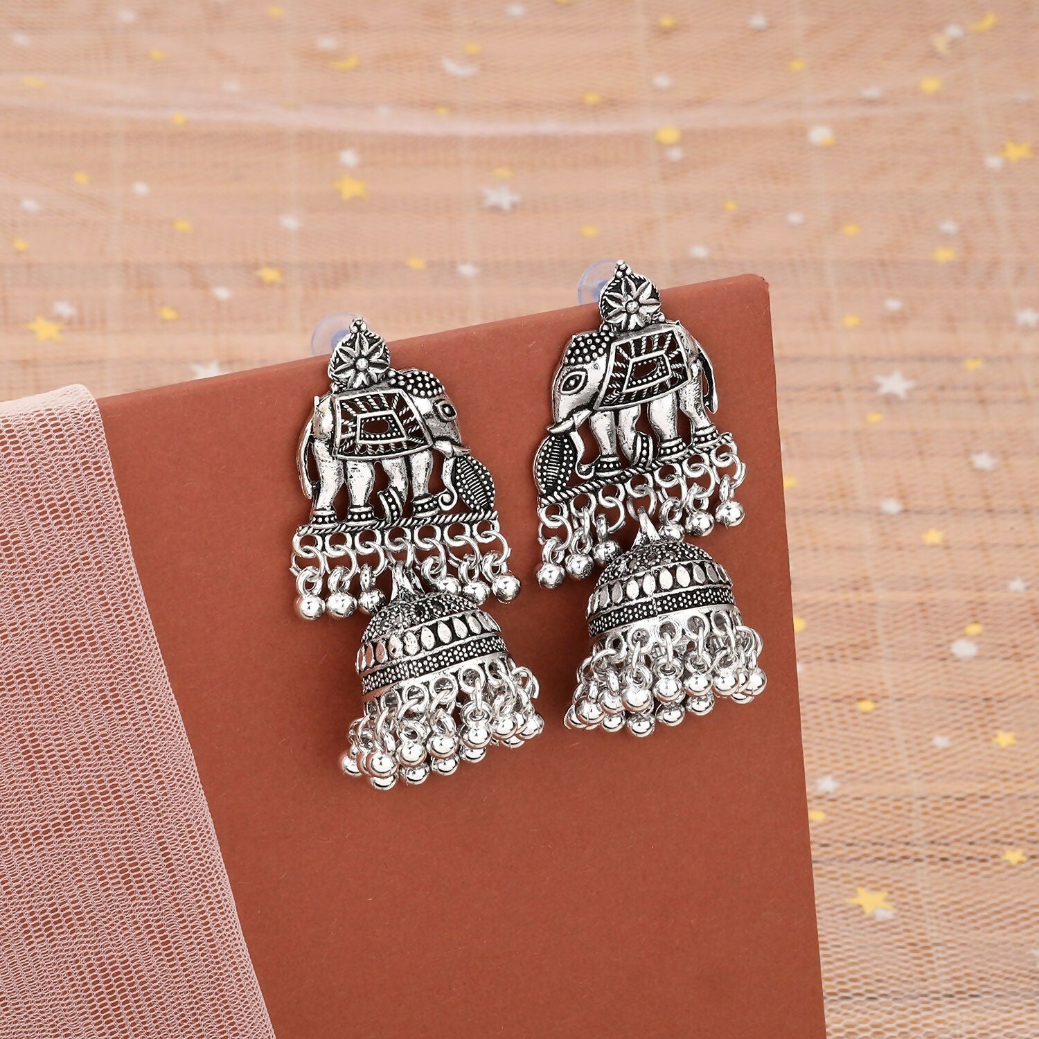 Traditional Silver Look Elephant Jhumka Earrings