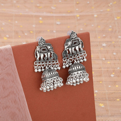Traditional Silver Look Elephant Jhumka Earrings