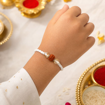 White Thread Rakhi with Rudraksha Bead and Sparkling Crystal Accents