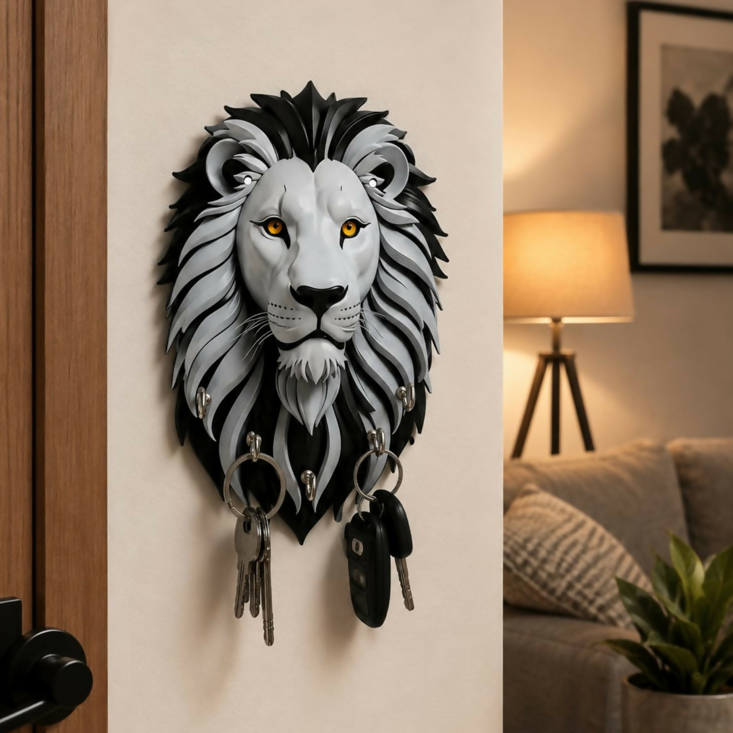 Lion face wooden key holder with 5 hooks on a wall